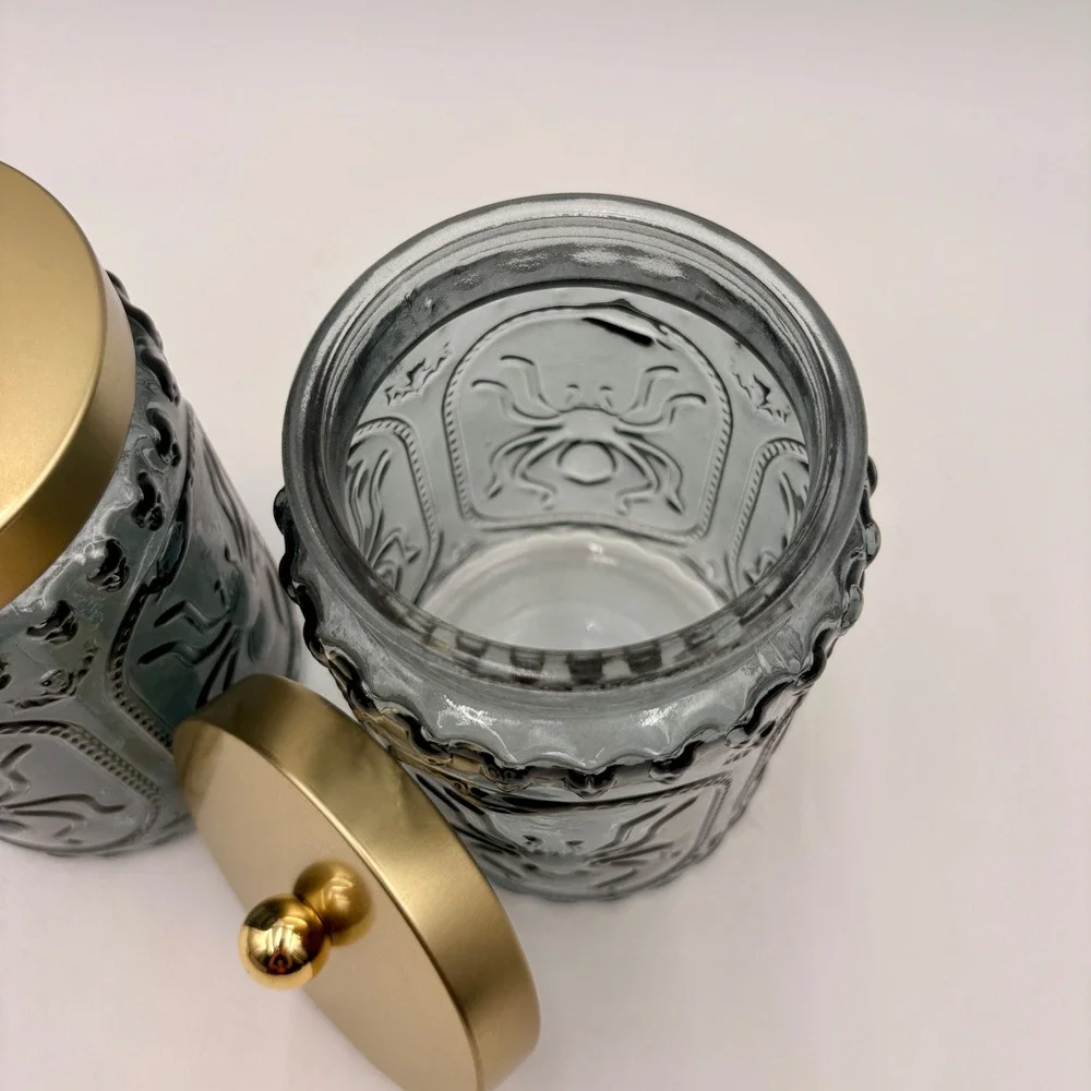 Cook With Color 2pc Glass Canister Set Spider Skull Gothic Gold Lid Halloween